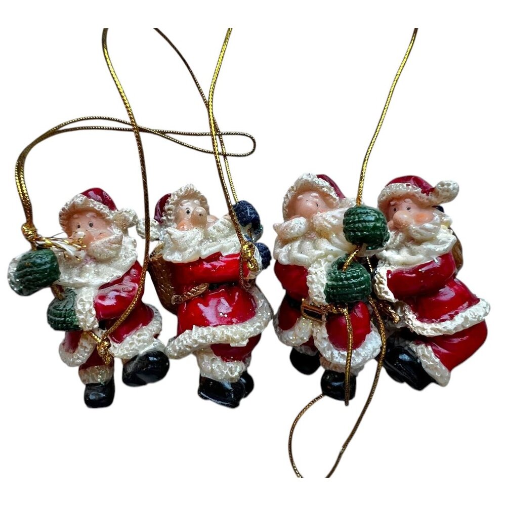 Set Of 4 Handcrafted Santa Claus Ornaments With a Gold Hanging String Fo…